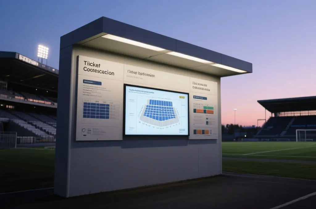 A minimalist, modern sports stadium info board at dusk, showing generic seating charts and ticket collection guidelines under soft evening lights.
